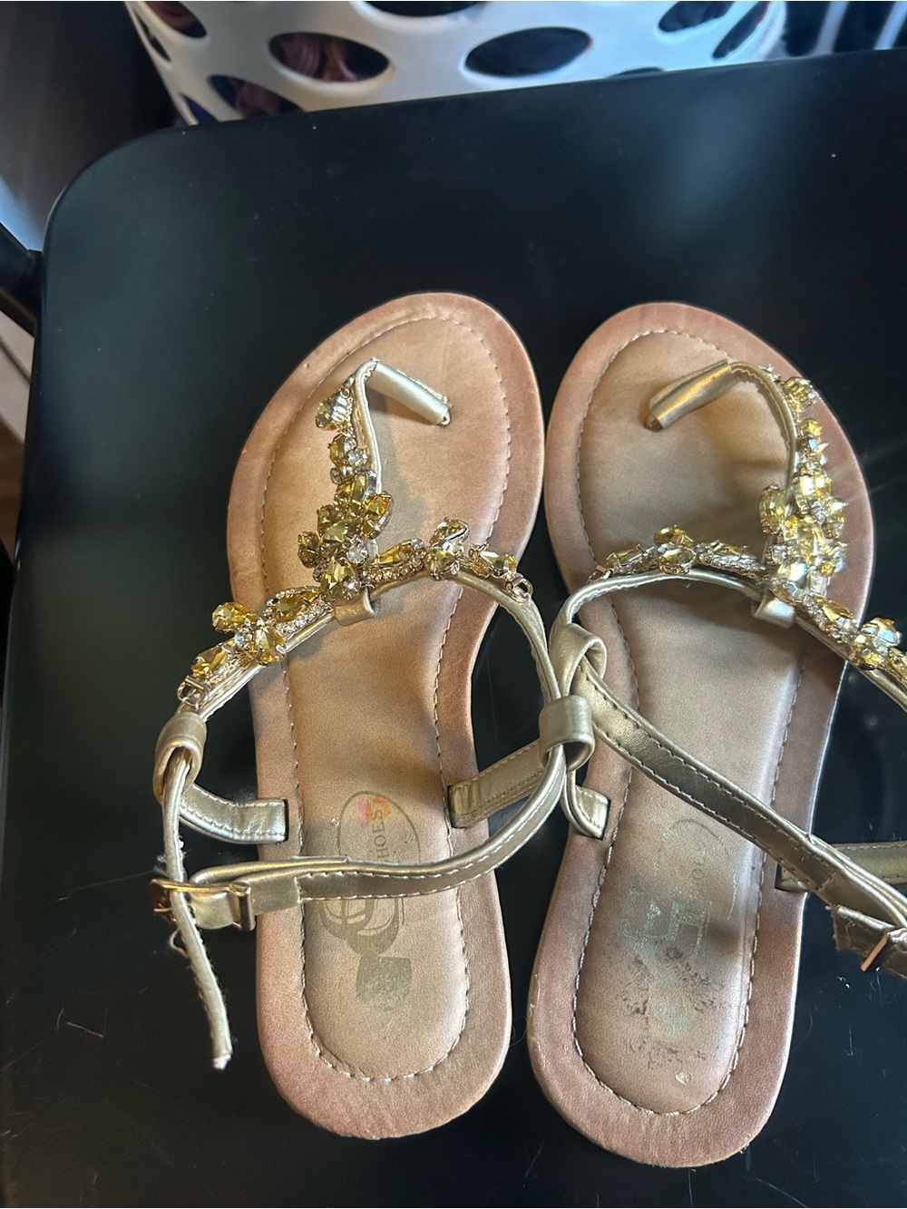 Gold Jeweled T-Strap Women's Sandals with Ankle Buckle